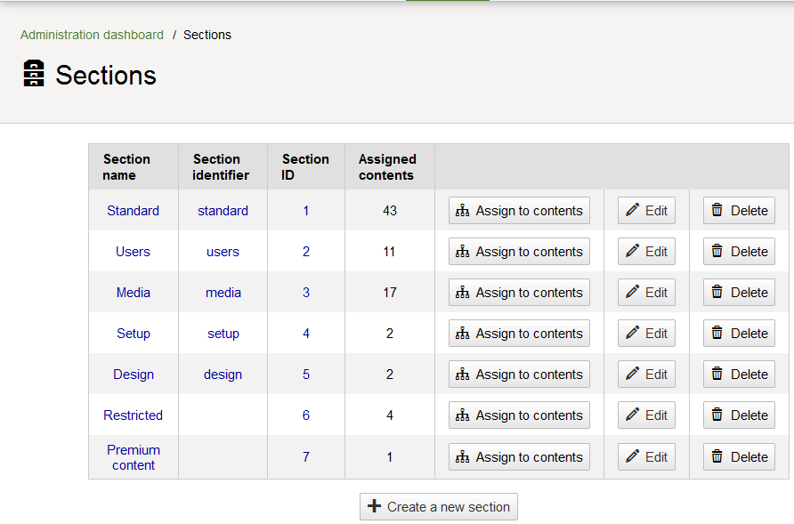 Sections screen