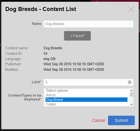 Window with Content List options