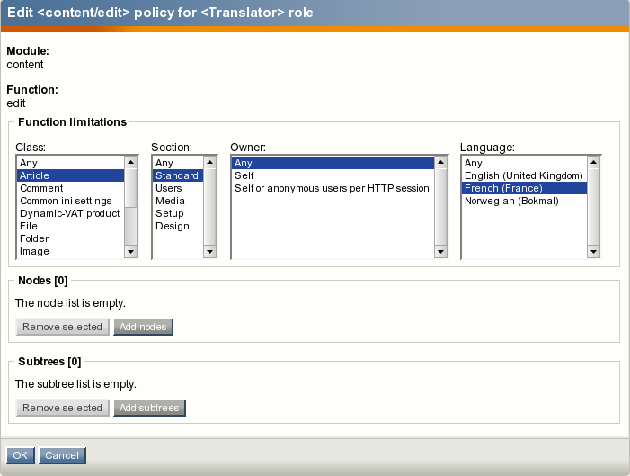 The policy edit interface.
