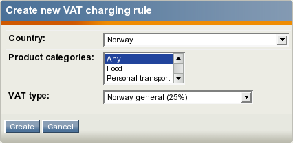 The VAT charging rule edit interface.