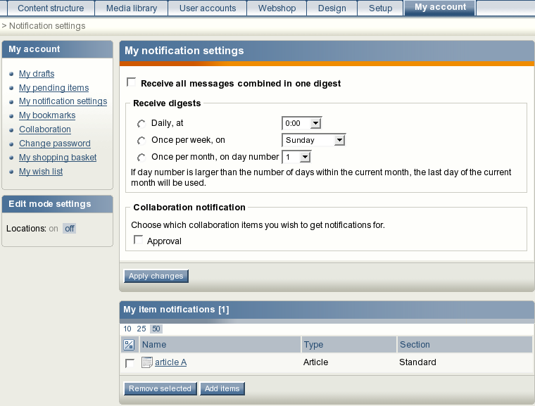 notification settings (admin siteaccess)