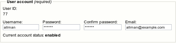 Object attribute edit interface for the "User account" datatype.